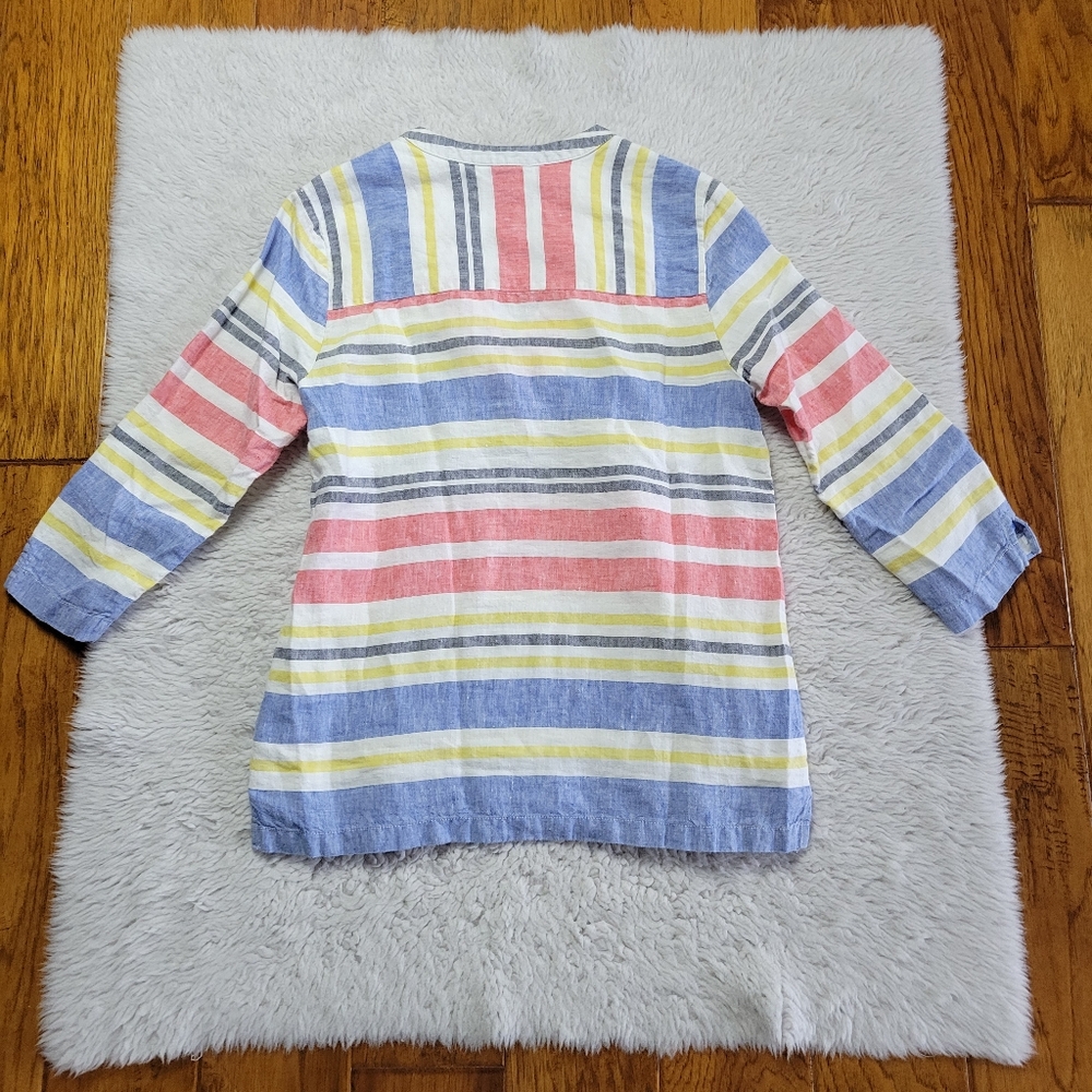 Boden Linen Popover Tunic Top Women's 4 Striped V-Neck Red Blue Yellow White - Picture 2 of 8